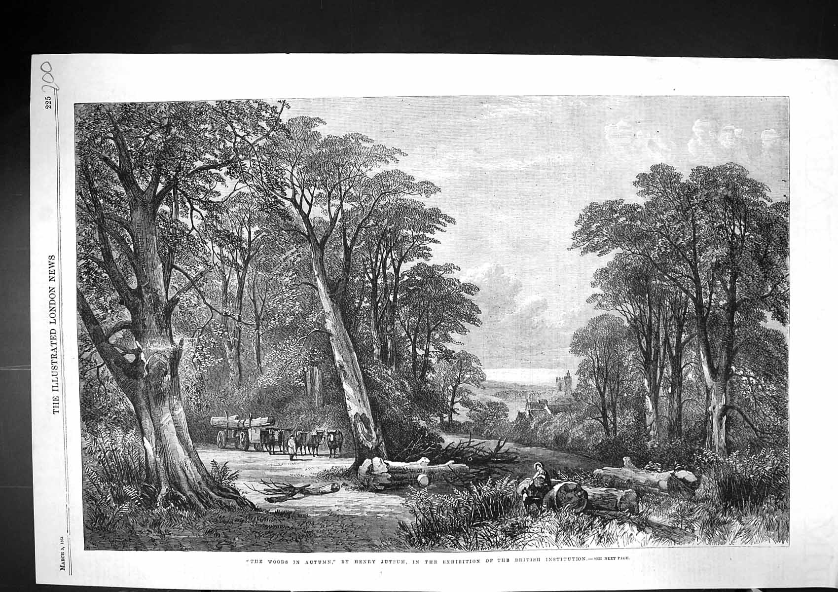 Antique Print 1864 Woods Autumn Henry Jutsum Bullock Cart Trees Countryside