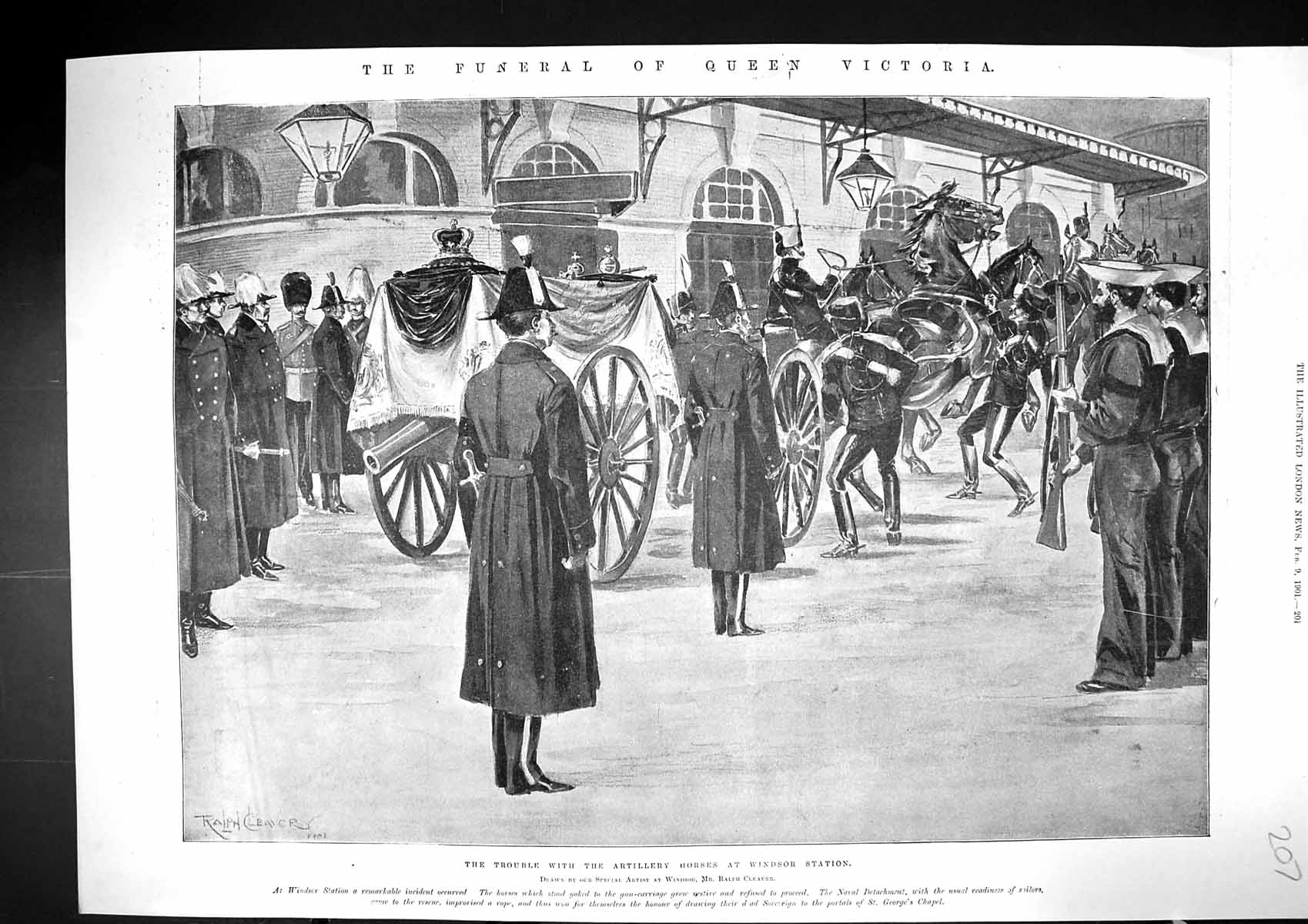 Antique Print 1901 Funeral Queen Victoria Artillery Horses Windsor Station 20th