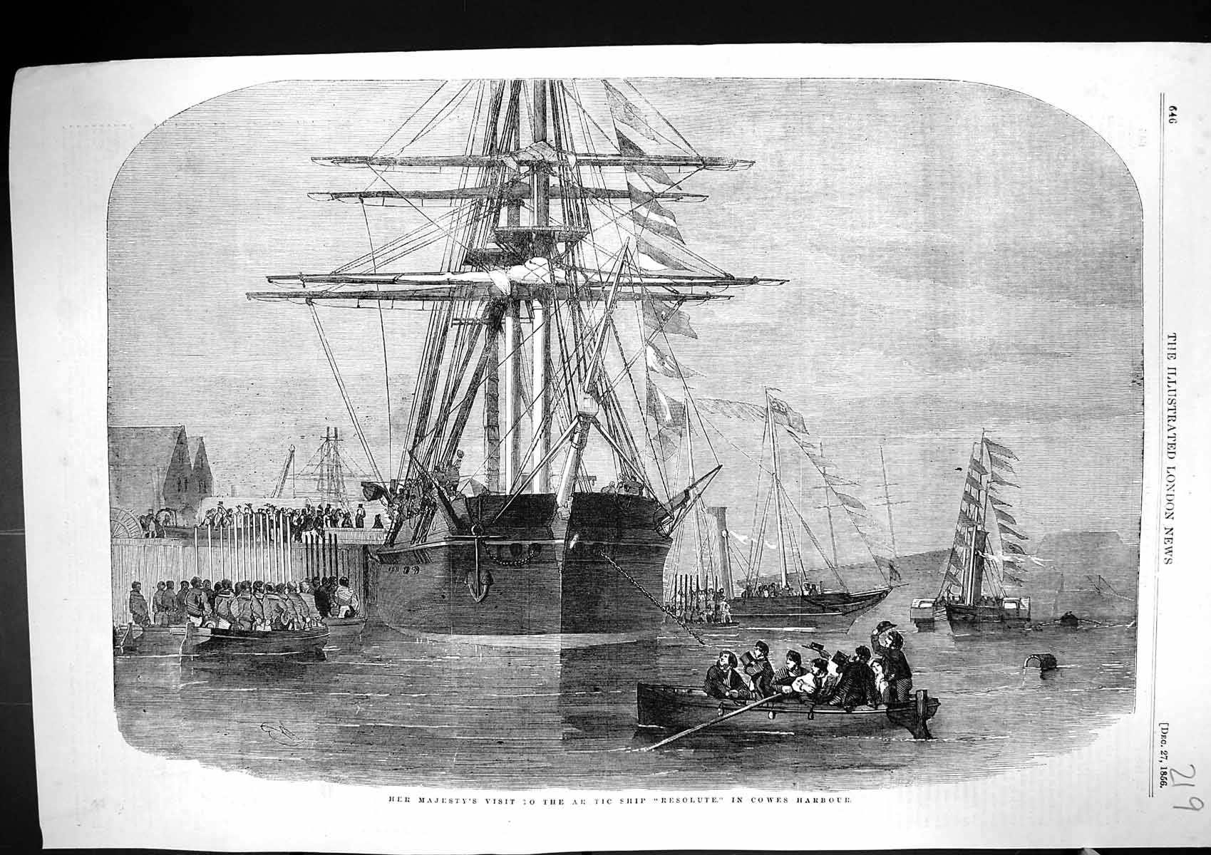 Antique Old Print 1856 Majesty Queen Visit Arctic Ship Resolute Cowes Harbour