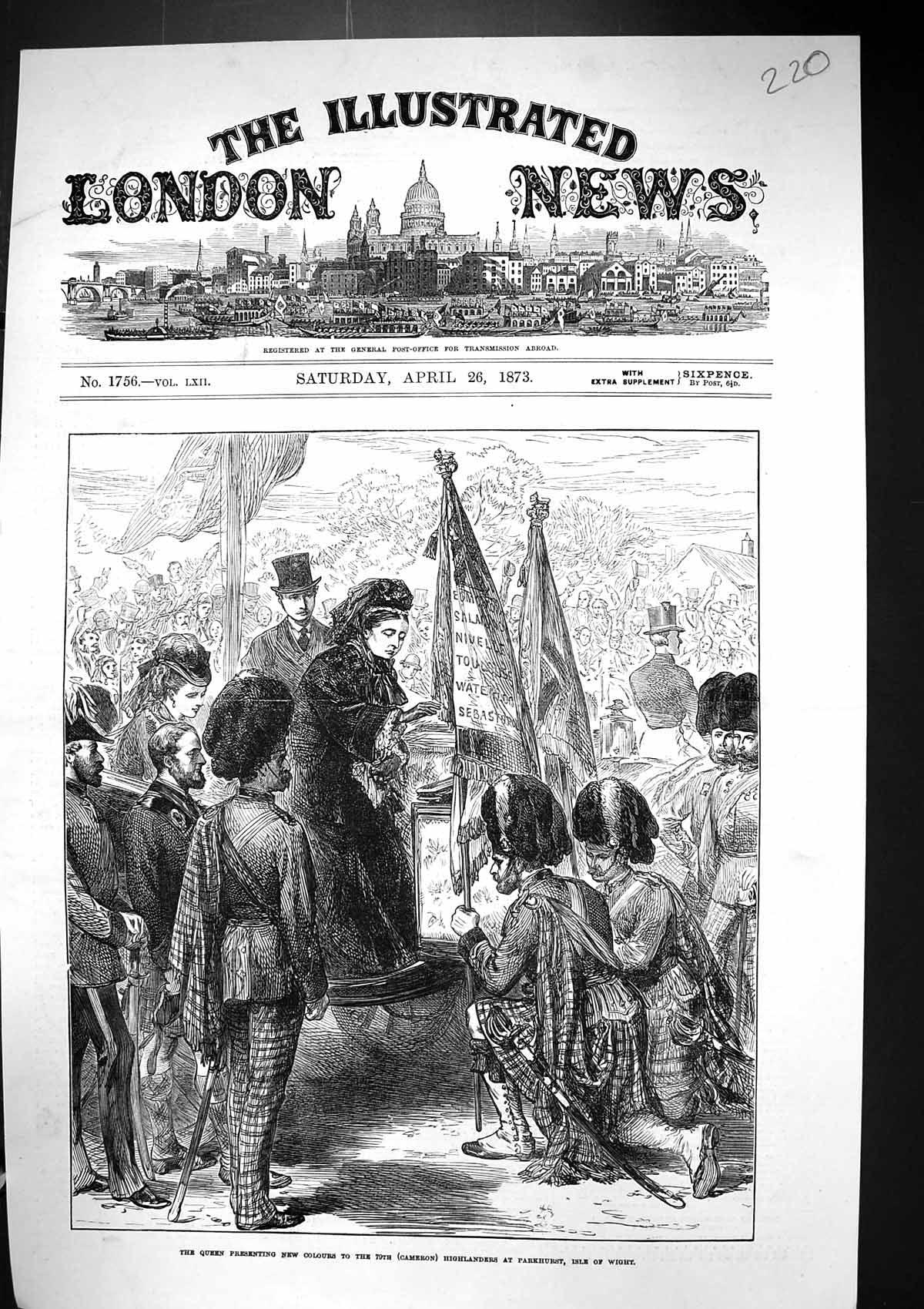Old 1873 Queen Presenting New S Cameron Highlanders Parkhurst Isle Wi Victorian