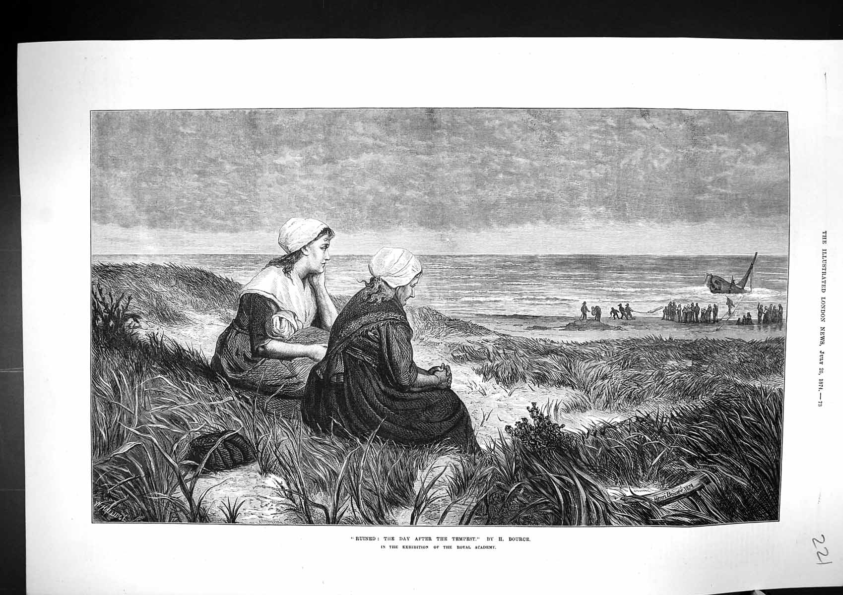 Antique Old Print 1874 Ship Wreck After Tempest Ladies Sitting Beach Bource