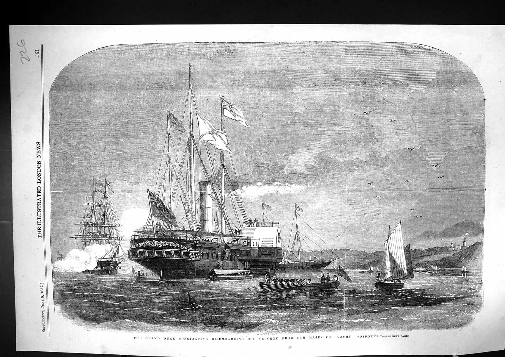 Old Antique Print 1857 Grand Duke Constantine Osborne Sailing Ship Yacht 19th