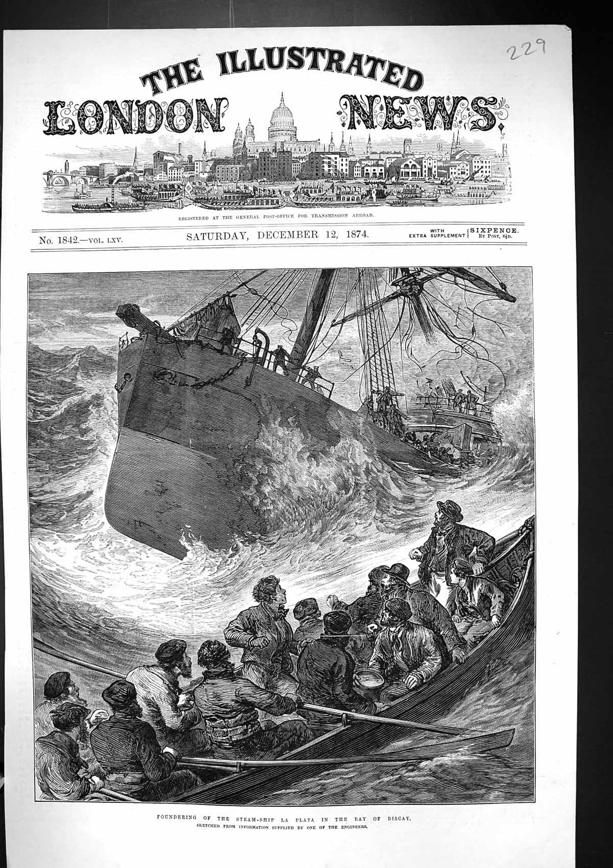 Antique Old Print 1874 Foundering Steam Ship La Plata Bay Biscay Life-Boat 19th