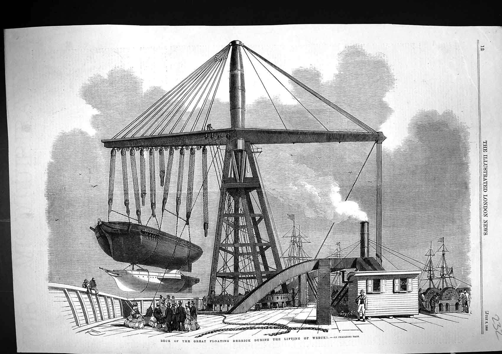 Original Old Antique Print 1859 Ship Deck Great Floating Derrick Lifting Wrecks