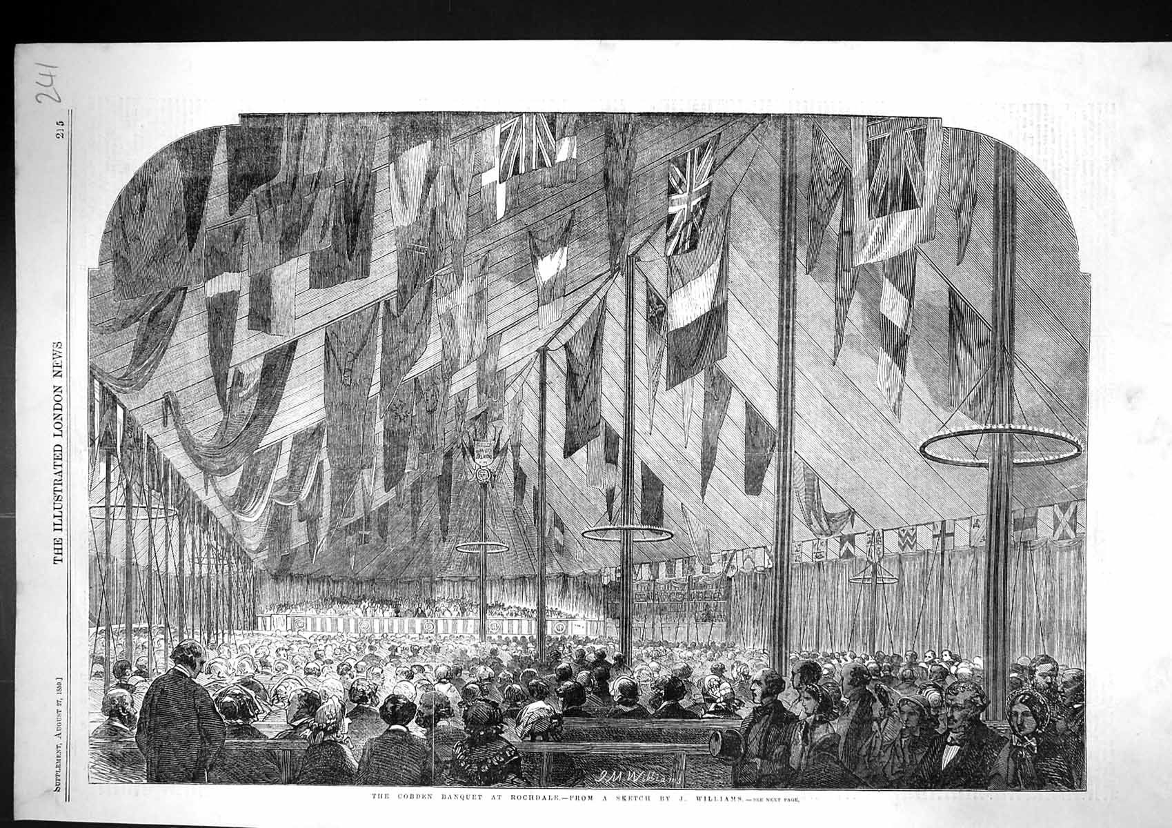 Original Old Antique Print 1859 Cobden Banquet Rochdale Flags Williams 19th