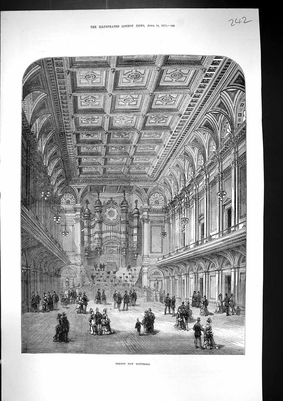 Original Old Antique Print 1873 Interior Bolton Townhall England Architecture