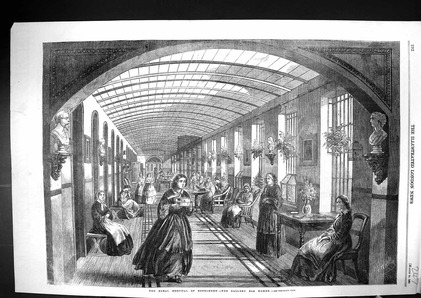 Old 1860 Interior Hospital Bethlehem Gallery Women Nurses Ward Patien Victorian