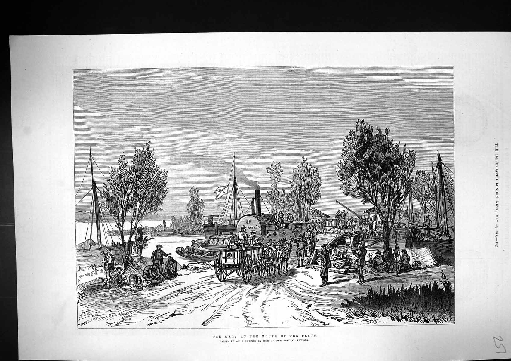 Original Old Antique Print 1877 War Scene Mouth Pruth Siers Horses Cart Boats