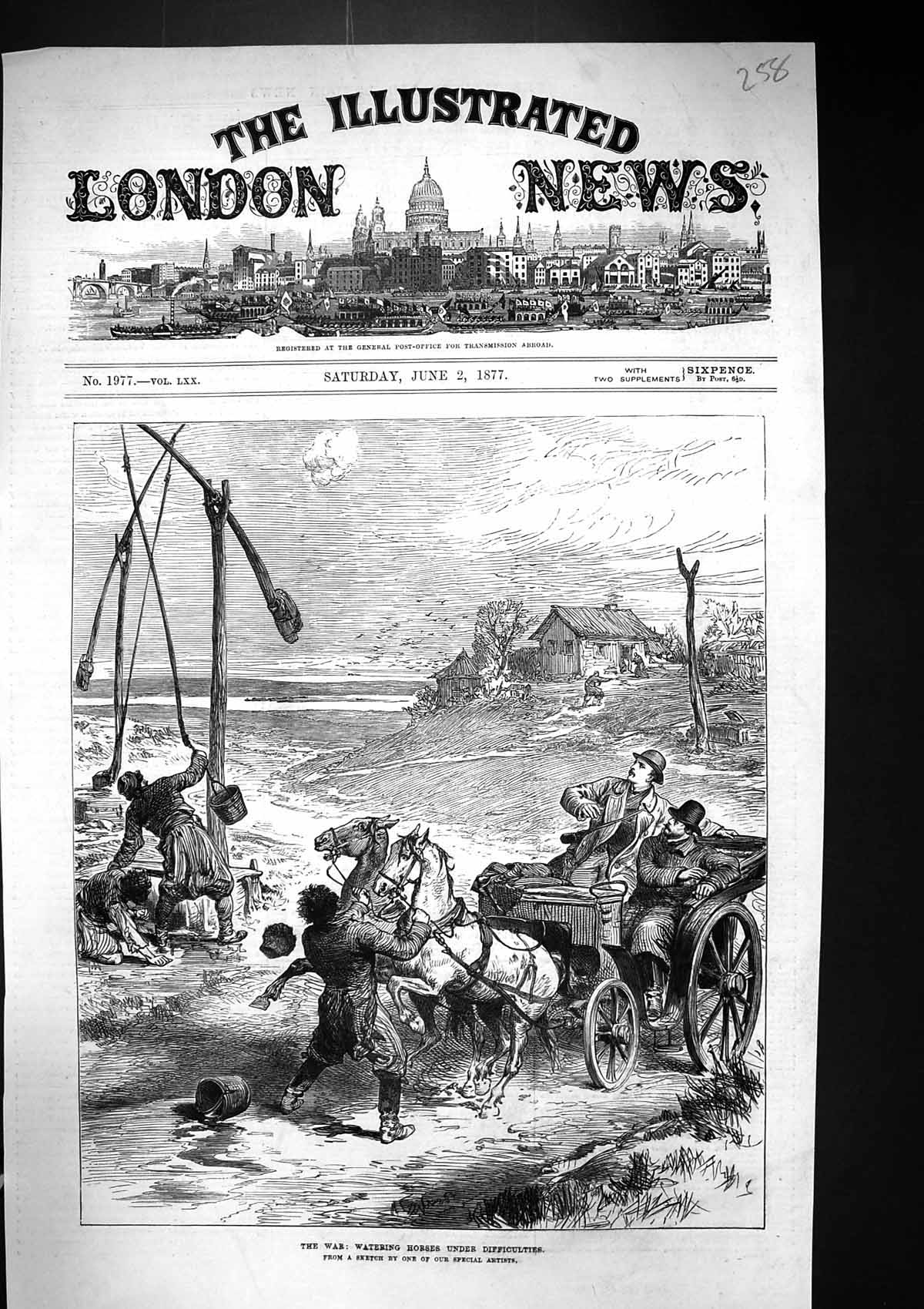 Old Antique Print 1877 War Scene Watering Horses Under Difficulties Well 19th