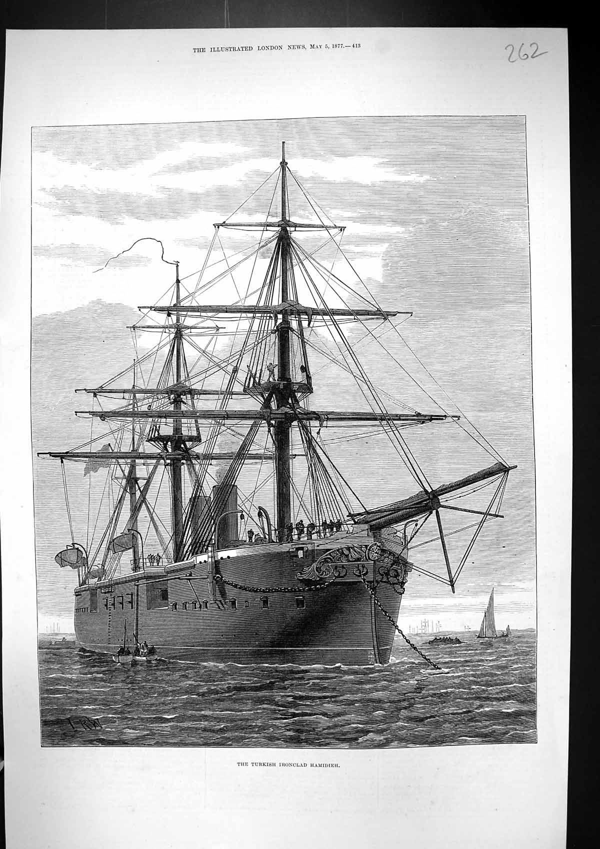 Original Old Antique Print 1877 Fine Art Turkish Ironclad Ship Hamidieh 19th