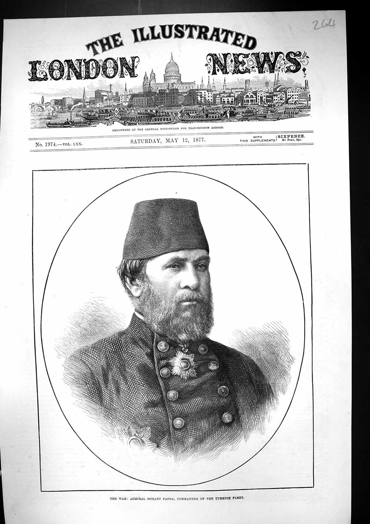 Antique Old Print 1877 Portrait Admiral Hobart Pasha Commander Turkish Fleet