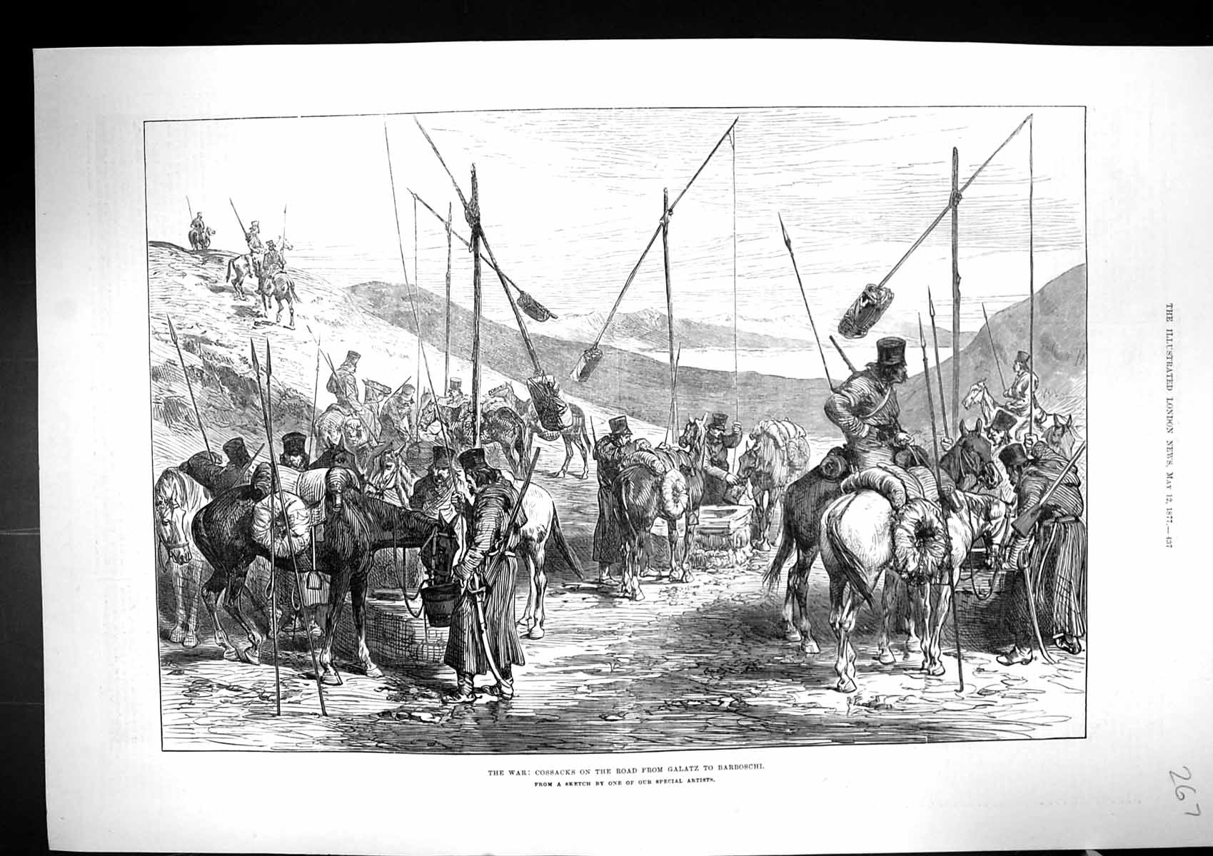 Antique Print 1877 War Cossacks Scene Road Galatz Barboschi Horses Weapons 19th