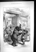 Old Print 1877 Performing Bear Street Entertainment Russian Village Scene 19th