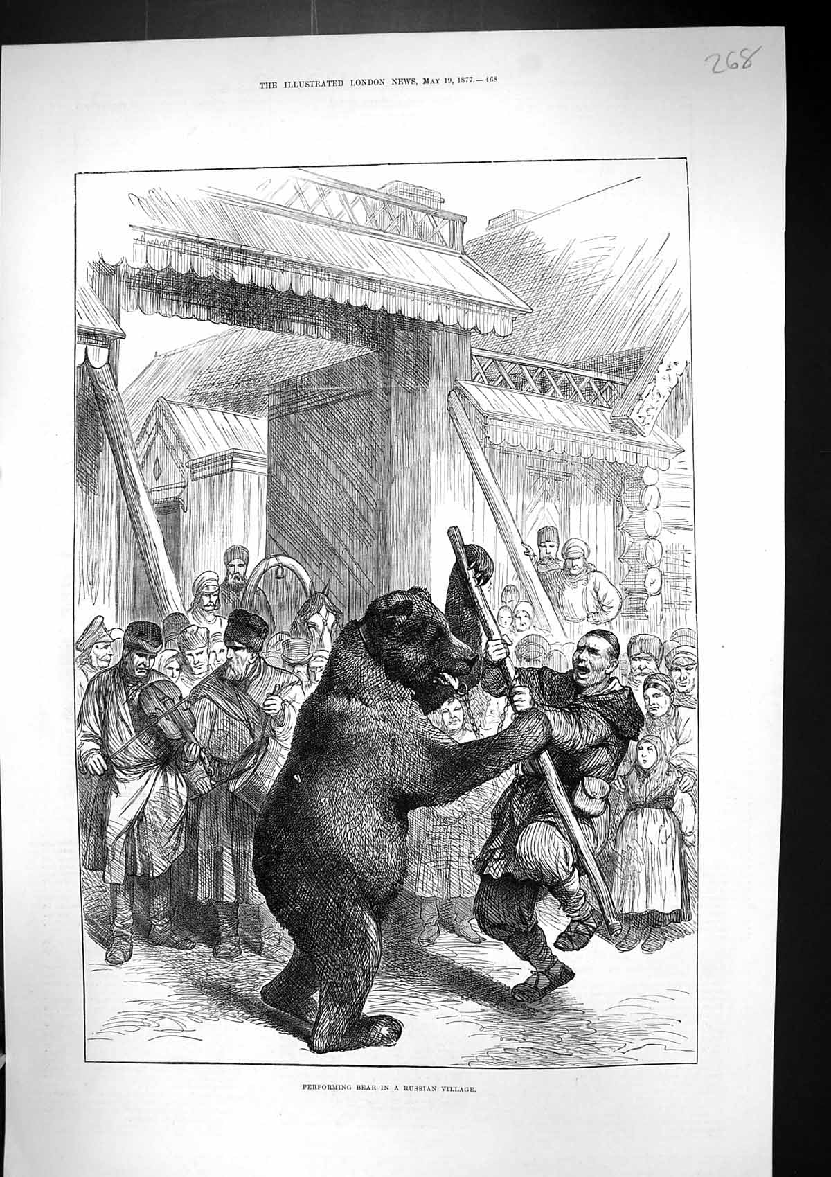 Old Print 1877 Performing Bear Street Entertainment Russian Village Scene 19th