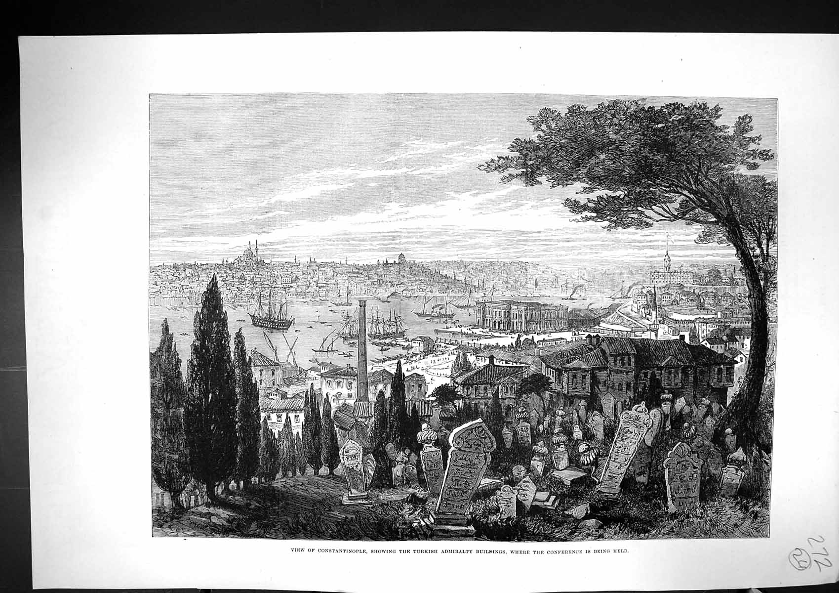 Old 1877 View Constantinople Turkish Admiralty Buildings Ships Graves Victorian