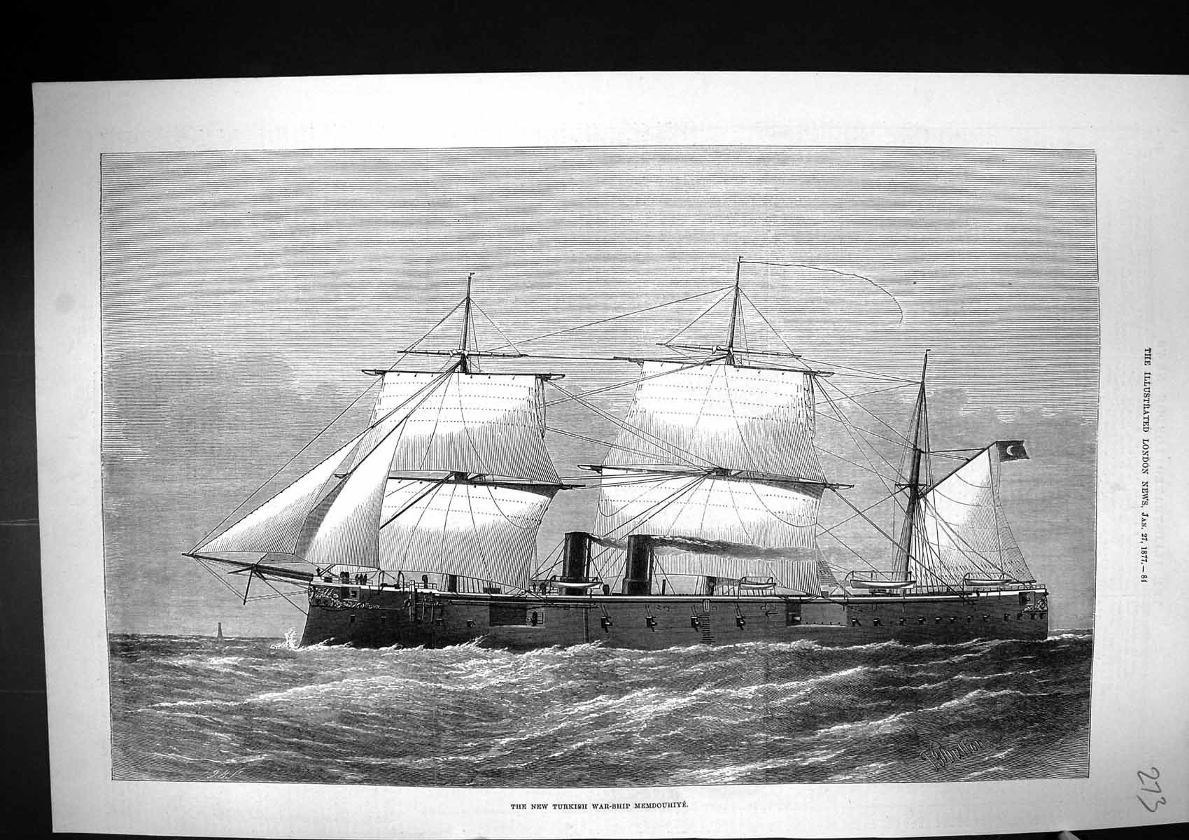 Original Old Antique Print 1877 New Turkish Ironclad War Ship Memdouhiye 19th