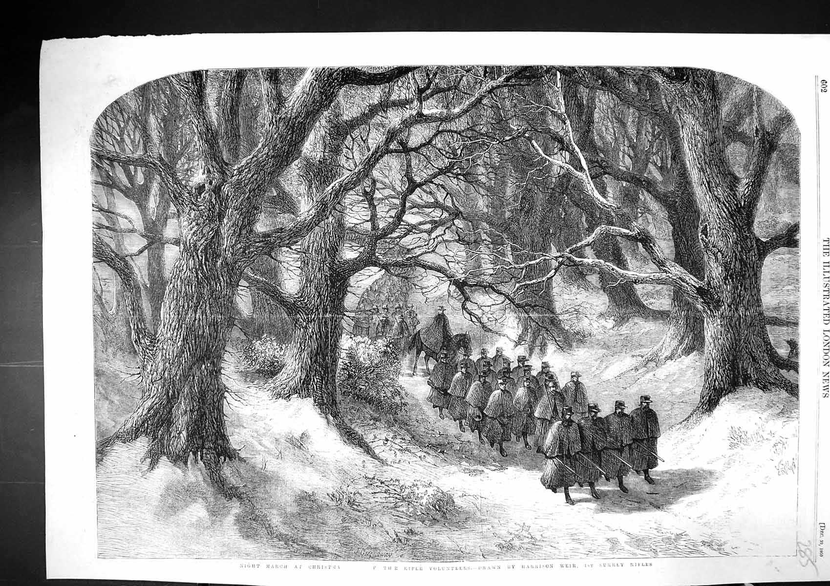 Old Antique Print 1860 Night March Christmas Rifle Volunteers Siers Trees 19th