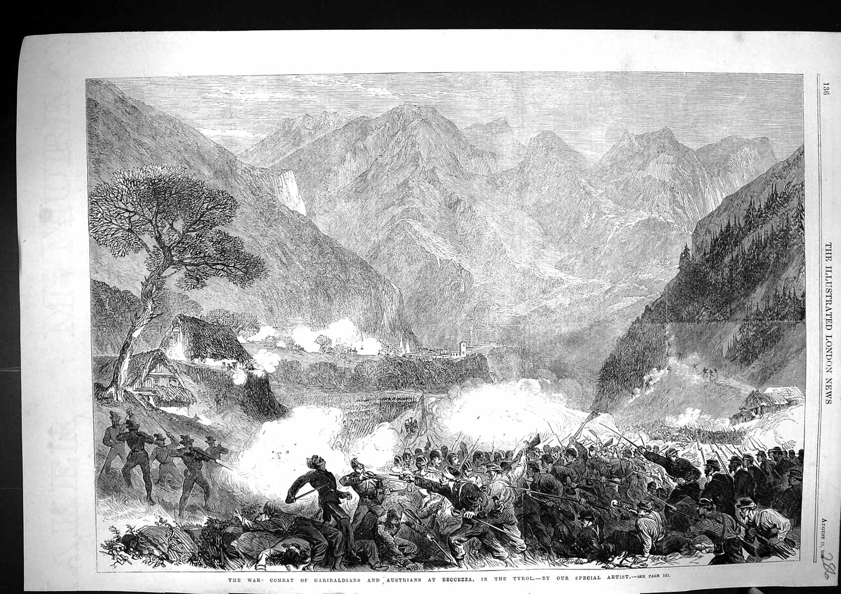 Old Print 1866 War Combat Garibaldians Austrians Siers Beccezza Tyrol Mo 19th