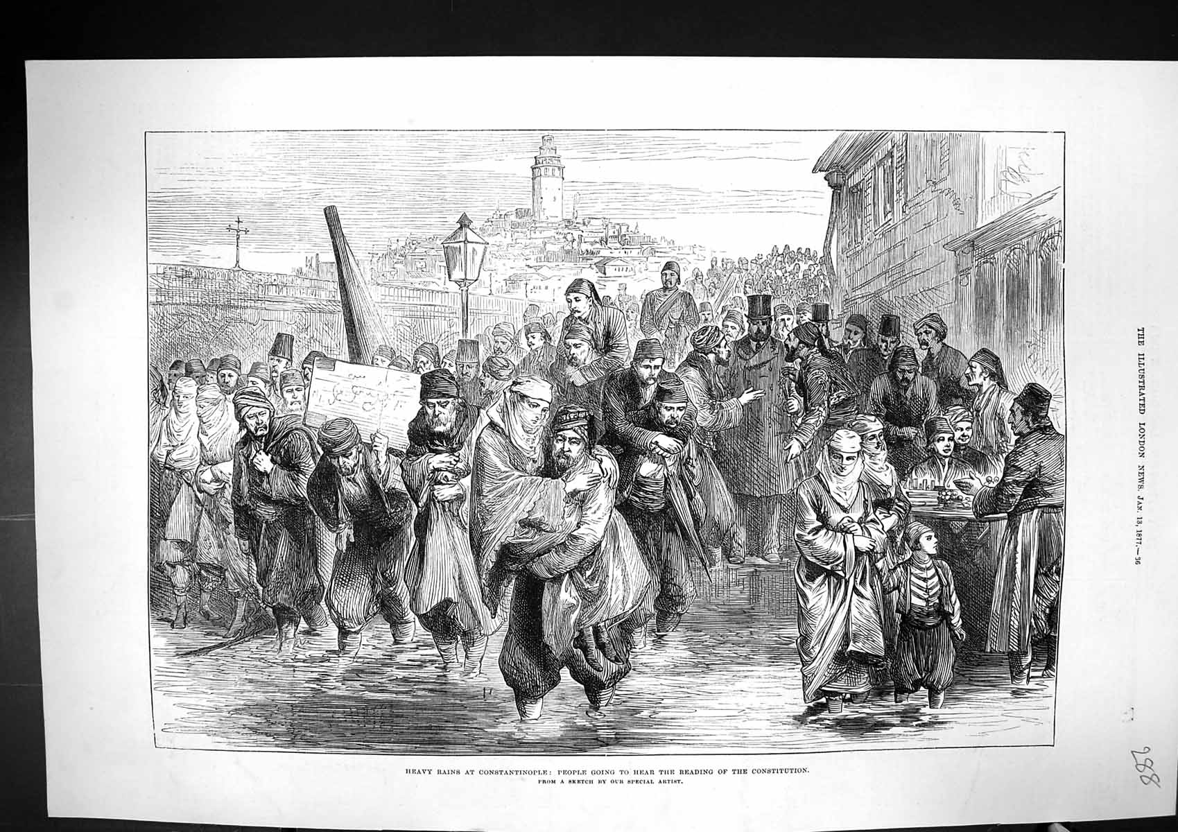 Old 1877 Heavy Rain Constantinople People Travelling Reading Constitu Victorian