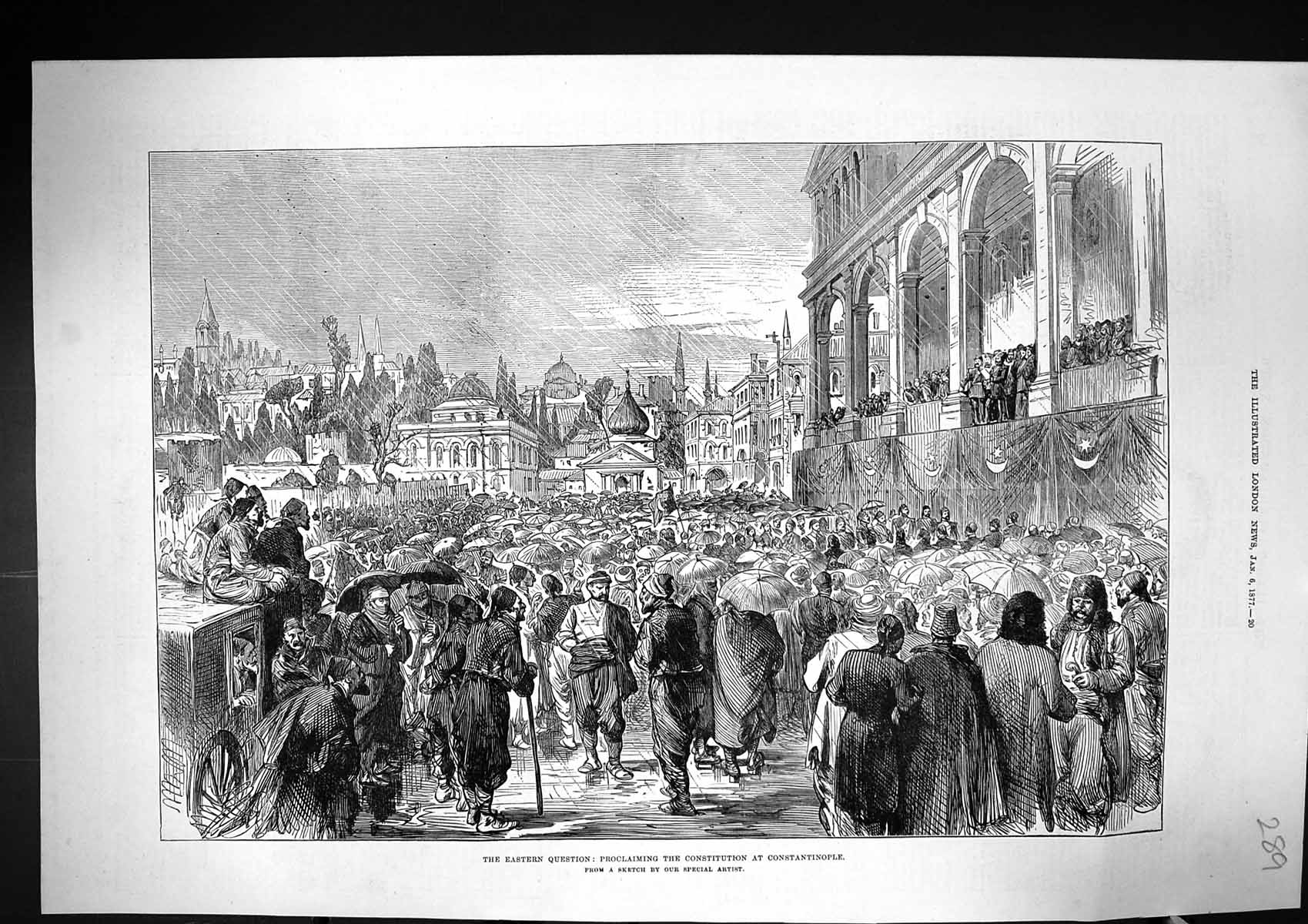 Old 1877 Street Scene Proclaiming Constitution Constantinople Turkey Victorian