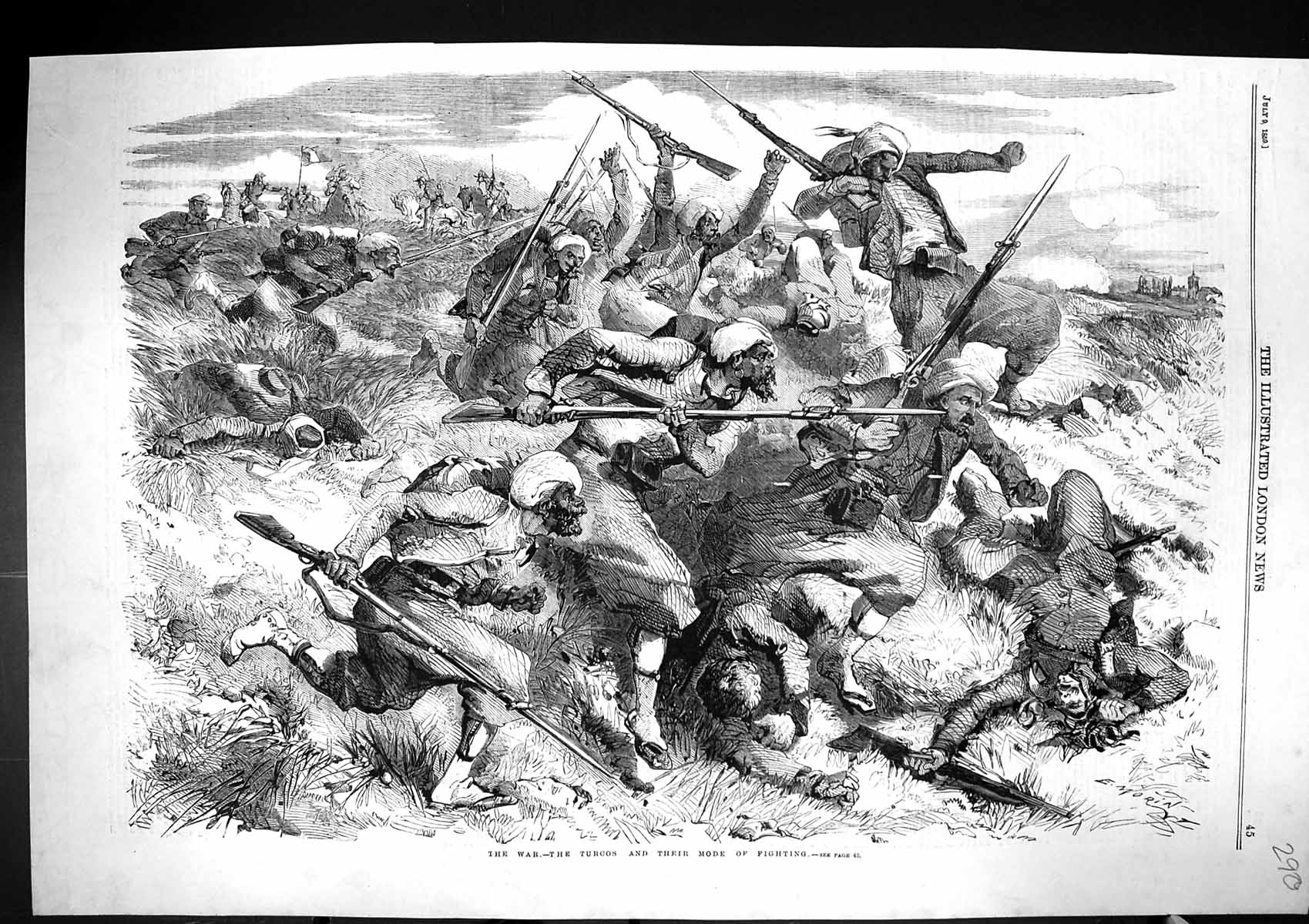 Original Old Antique Print 1859 War Turcos Siers Fighting Weapons Battle 19th