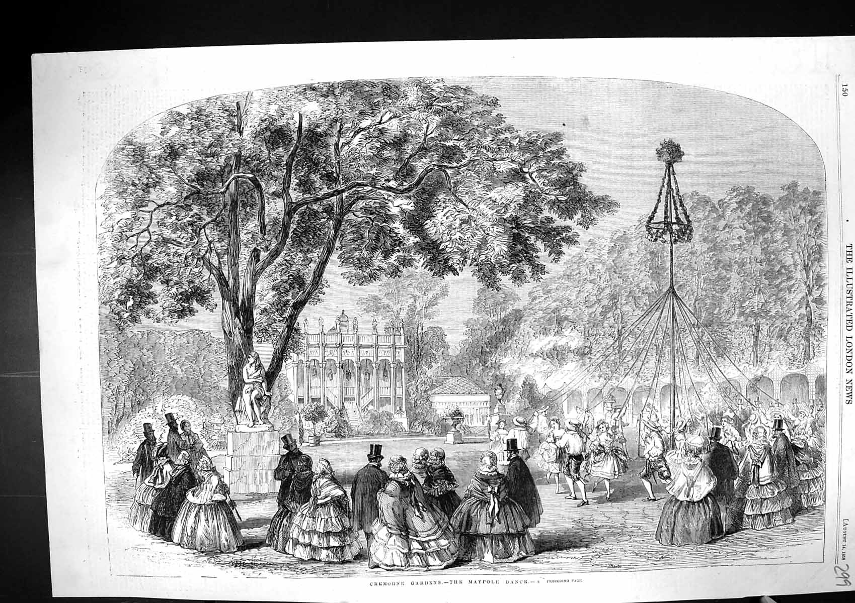 Antique Old Print 1858 Scene Cremorne Gardens Maypole Dancing Entertainment