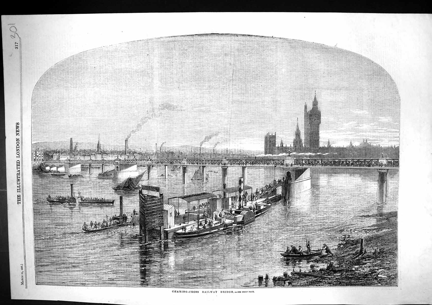 Old 1860 View Charing Cross Railway Bridge River Thames Boats Enginee Victorian