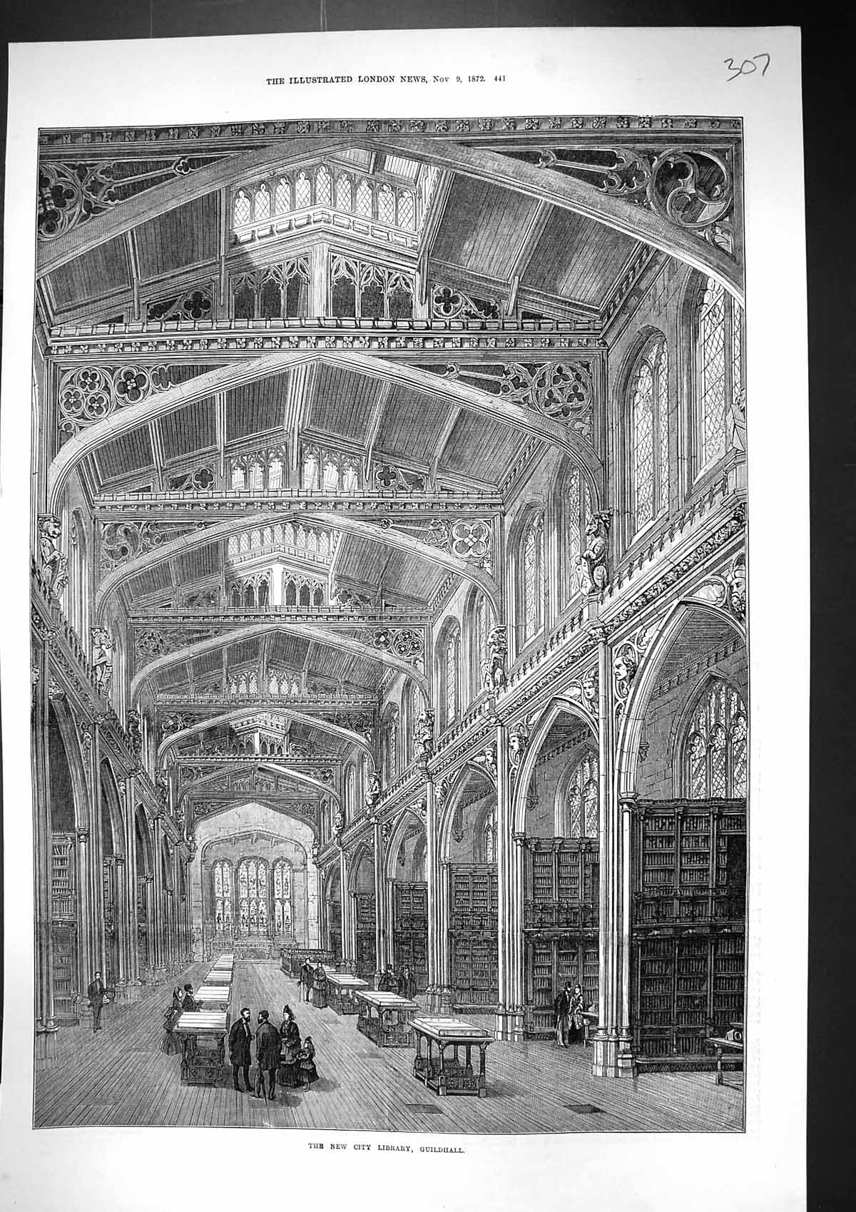 Antique Old Print 1872 Interior City Library Guildhall London Architecture 19th