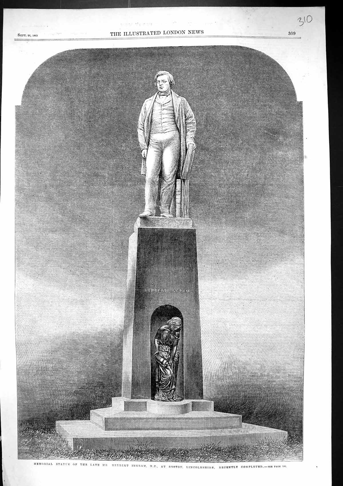 Old Print 1863 Memorial Statue Herbert Ingram Boston Lincolnshire England 19th