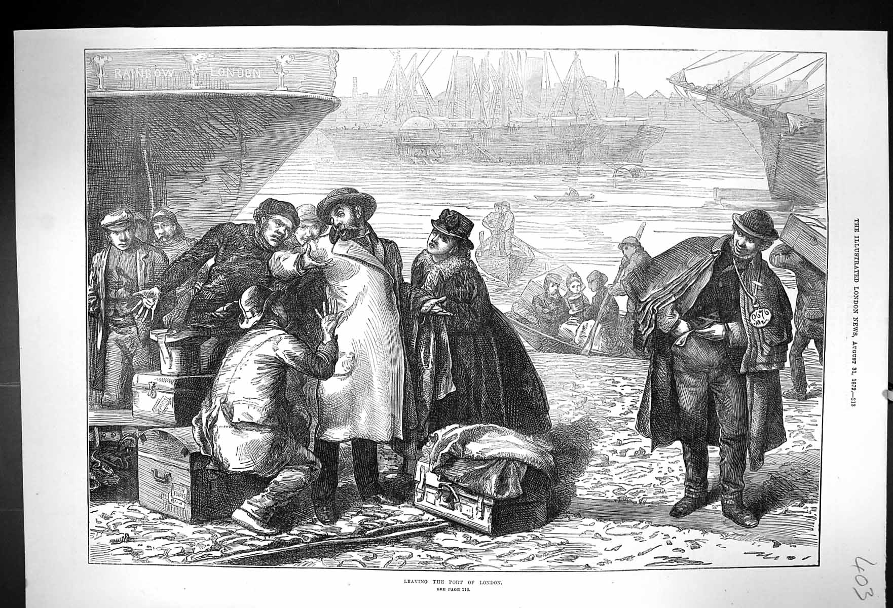 Original Old Antique Print 1872 Scene Ships Port London Rainbow Transport 19th