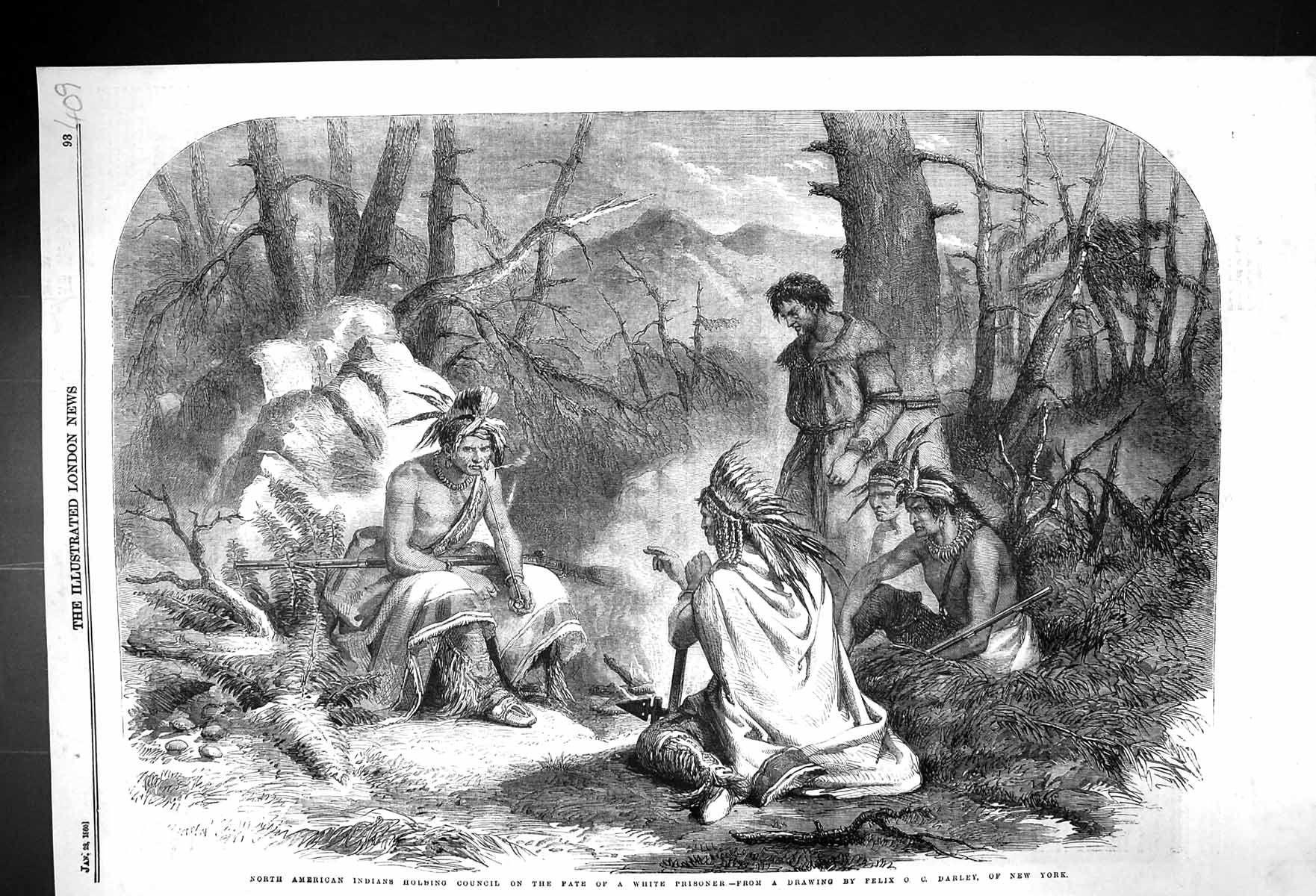 Old Print 1860 North American Indians Council White Prisoner Felix Darley 19th