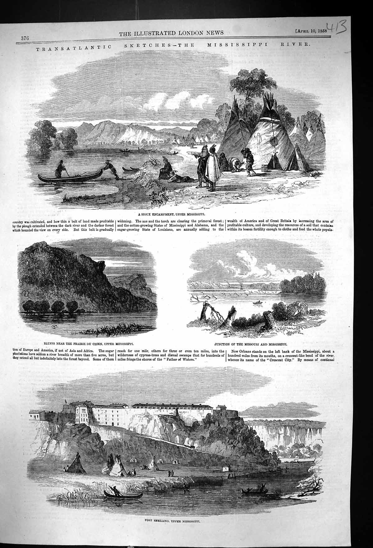 Old 1858 Mississippi River Sioux Encampment Fort Snelling Bluffs Prai Victorian