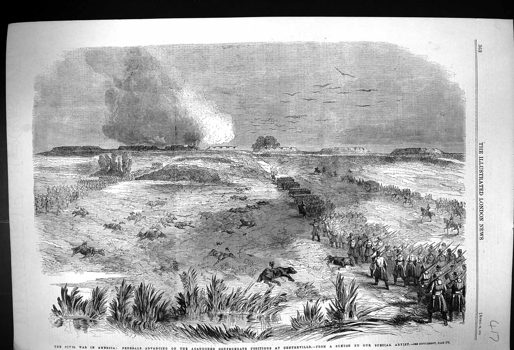 Original Old Antique Print 1862 Civil War America Federals Advancing Siers Ce