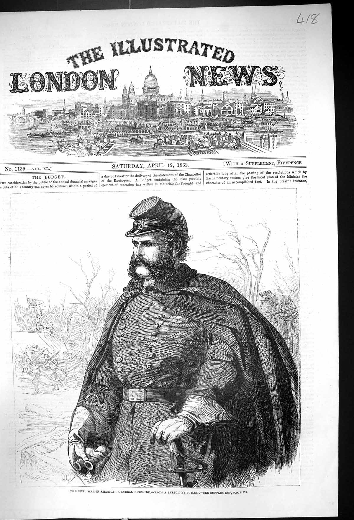 Old Antique Print 1862 Civil War America Portrait General Burnside Nast 19th