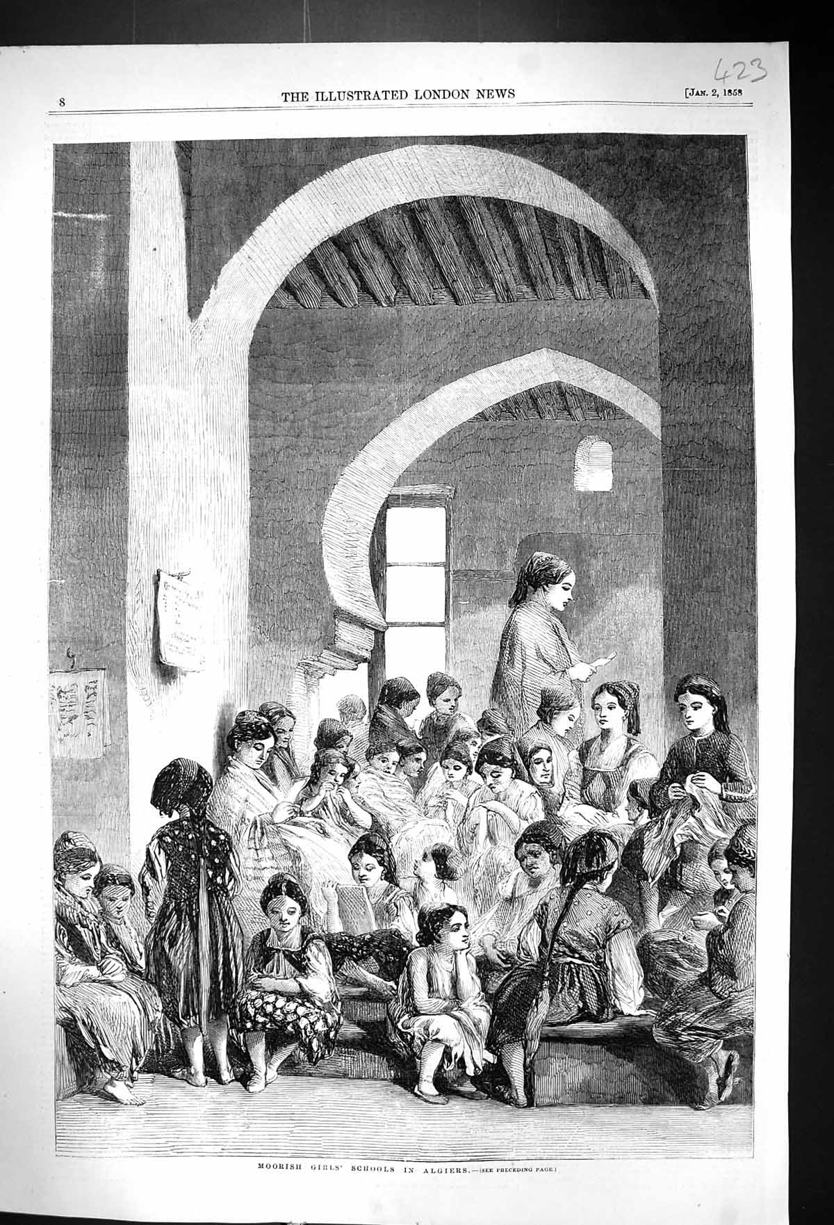 Original Old Antique Print 1858 Moorish Girls School Algiers Africa Teacher