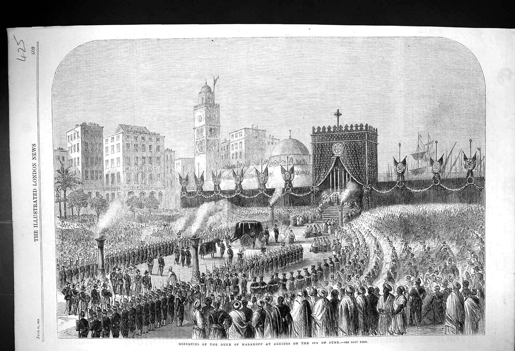 Original Old Antique Print 1864 Obsequies Duke Malakoff Algiers 4Th June 19th