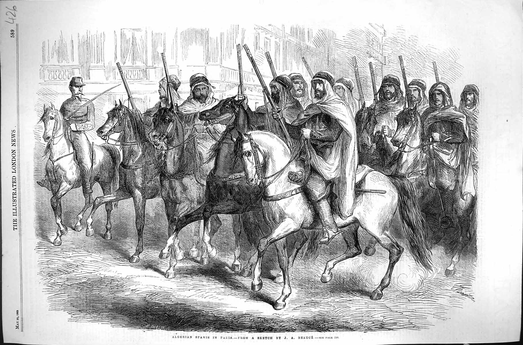 Original Old Antique Print 1863 Algerian Spahis Paris Siers War Guns Horses