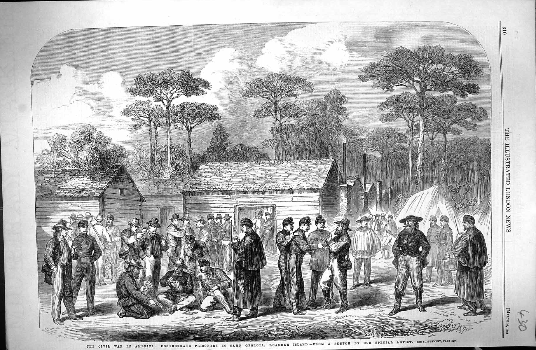 Old Antique Print 1862 Civil War America Prisoners Camp Georgia Roanoke 19th