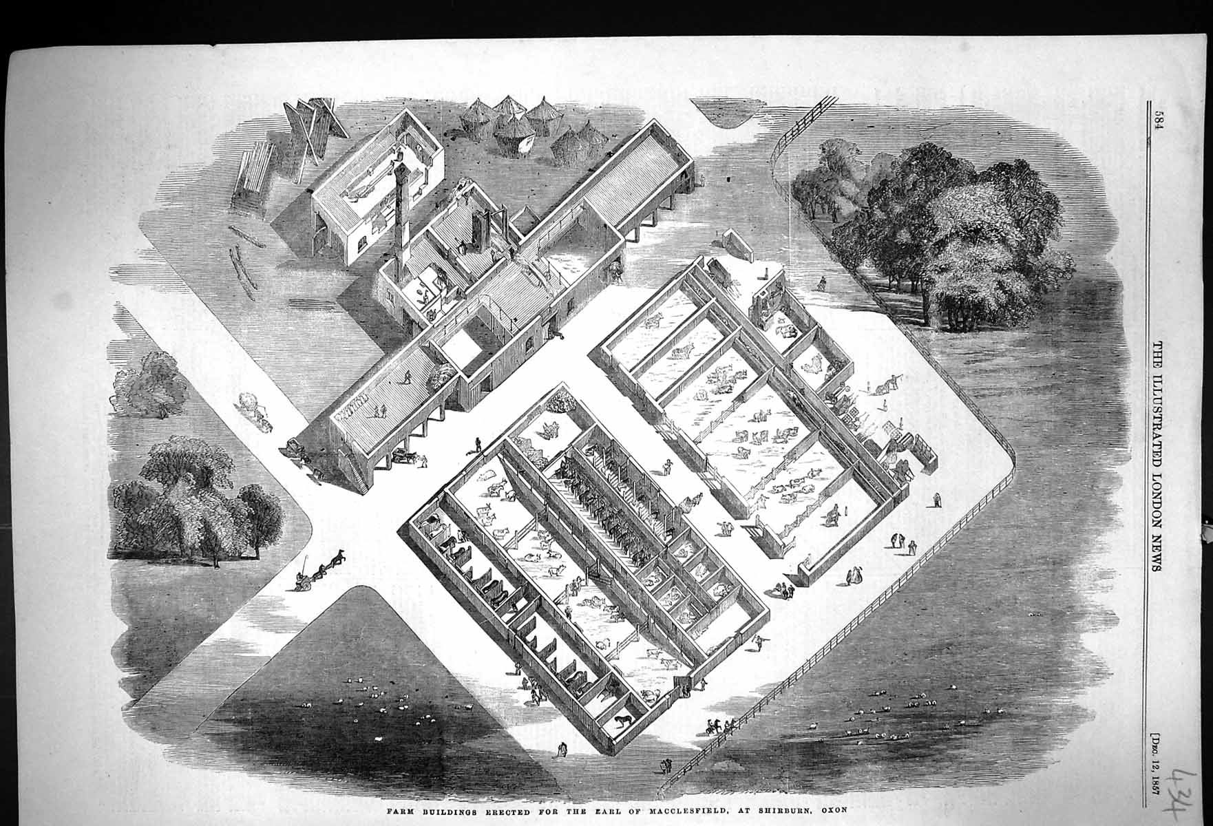 Old 1857 Birds Eye View Farm Buildings Earl Macclesfield Shirburn Oxo Victorian