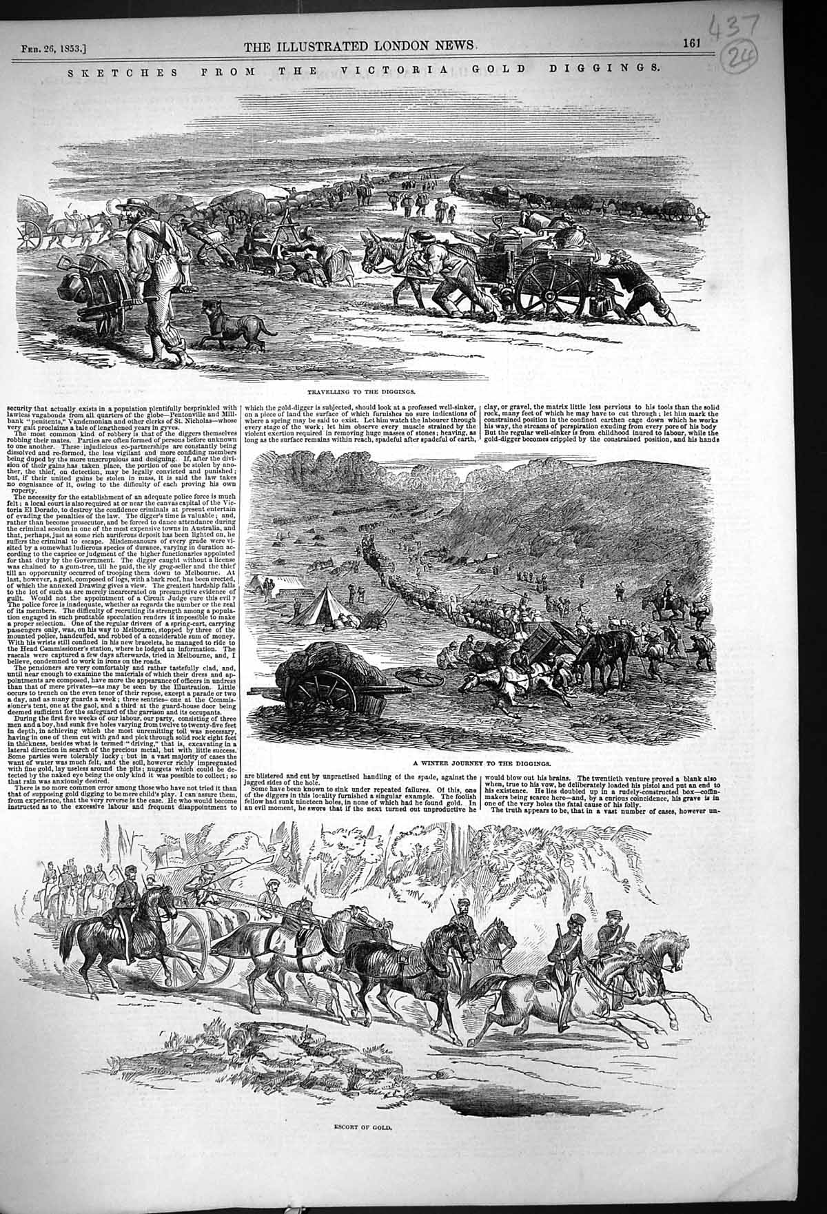Old Antique Print 1853 Victoria GDiggings Mining GEscort Horses Siers Ca 19th