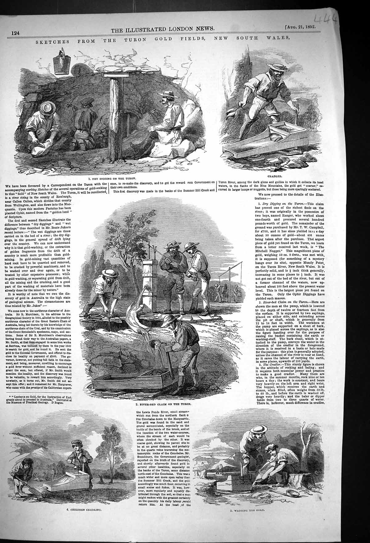 Antique Print 1852 Turon GFields Australia Mining Children Cradling River-B