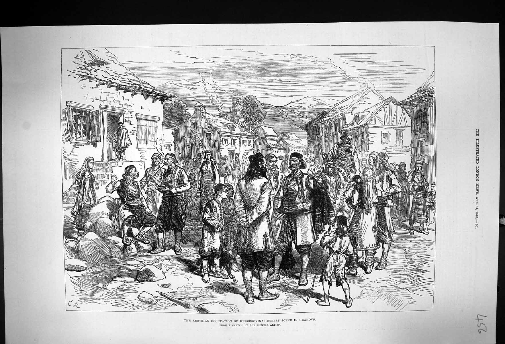 Antique Old Print 1878 Austrian Occupation Herzegovina Street Scene Grahovo