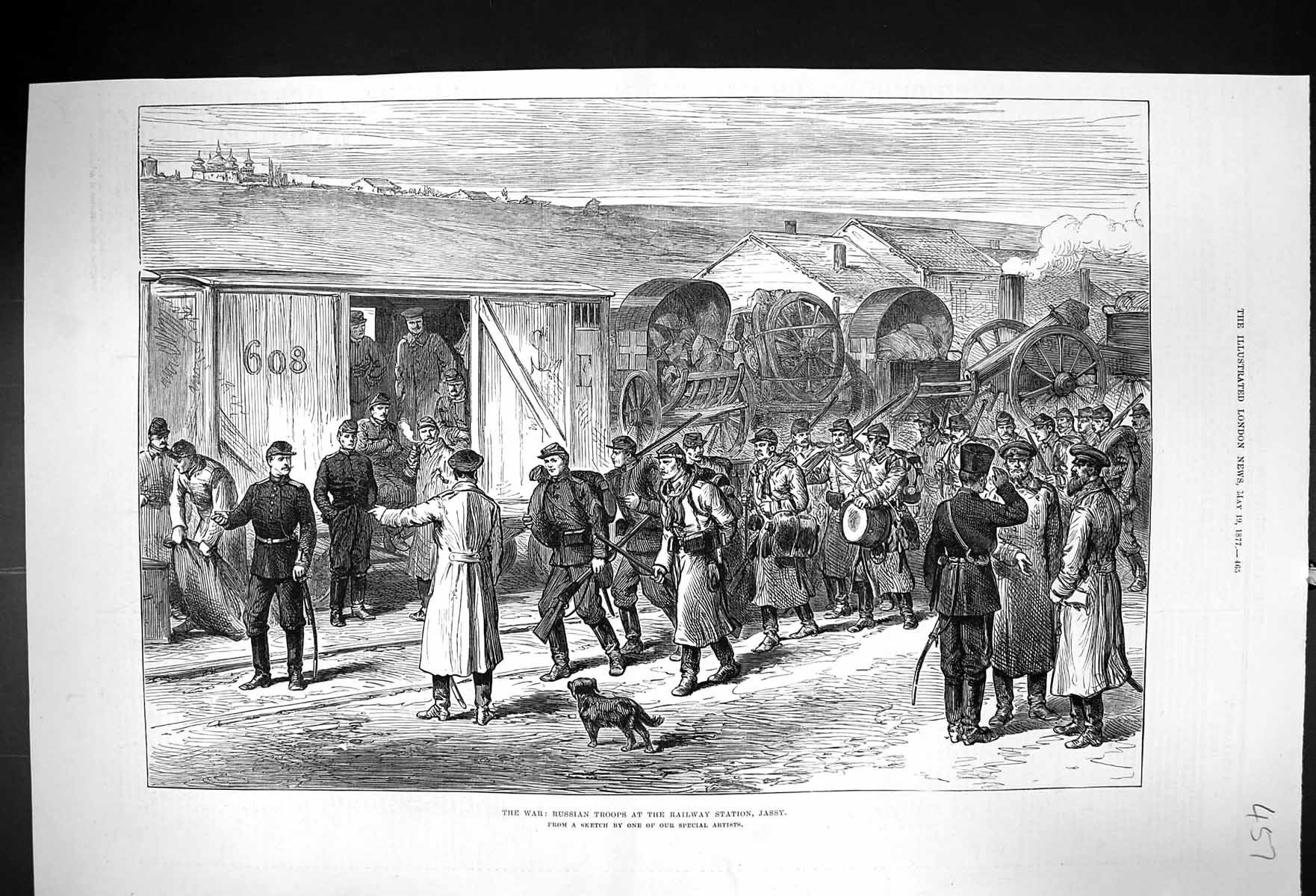Original Old Antique Print 1877 War Russian Siers Railway Station Jassy Train
