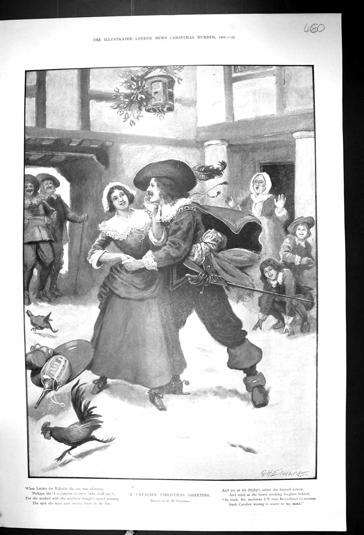 Old 1901 Cavalier Christmas Greeting Romance Man Lady Children Cocker Victorian