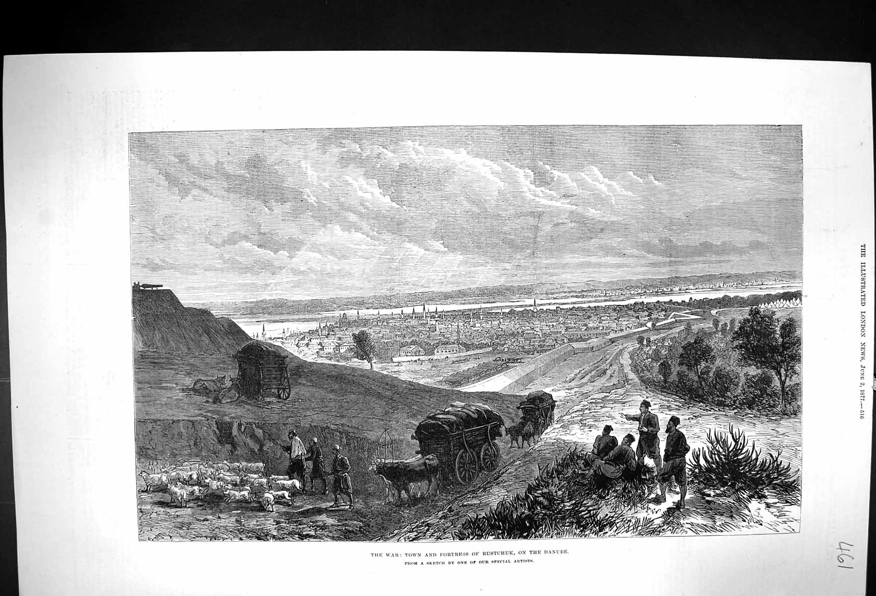 Old 1877 War Birds Eye View Town Fortress Rustchuk Danube River Sheep Victorian