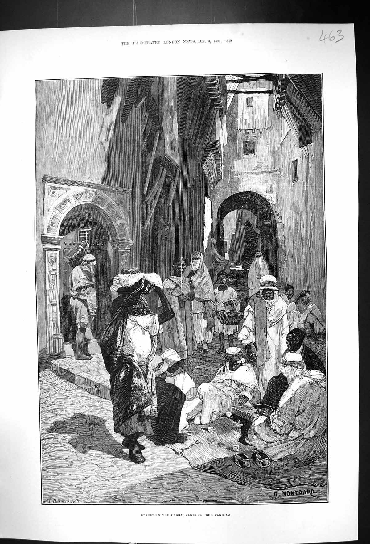 Antique Old Print 1881 Street Scene Casba Algiers Africa Montbard Fine Art 19th