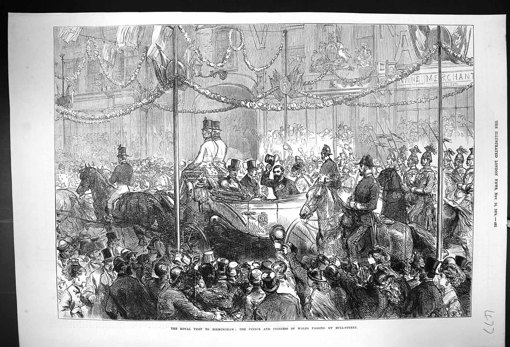 Antique Print 1874 Prince Princess Wales Birmingham Procession Bull-Street 19th