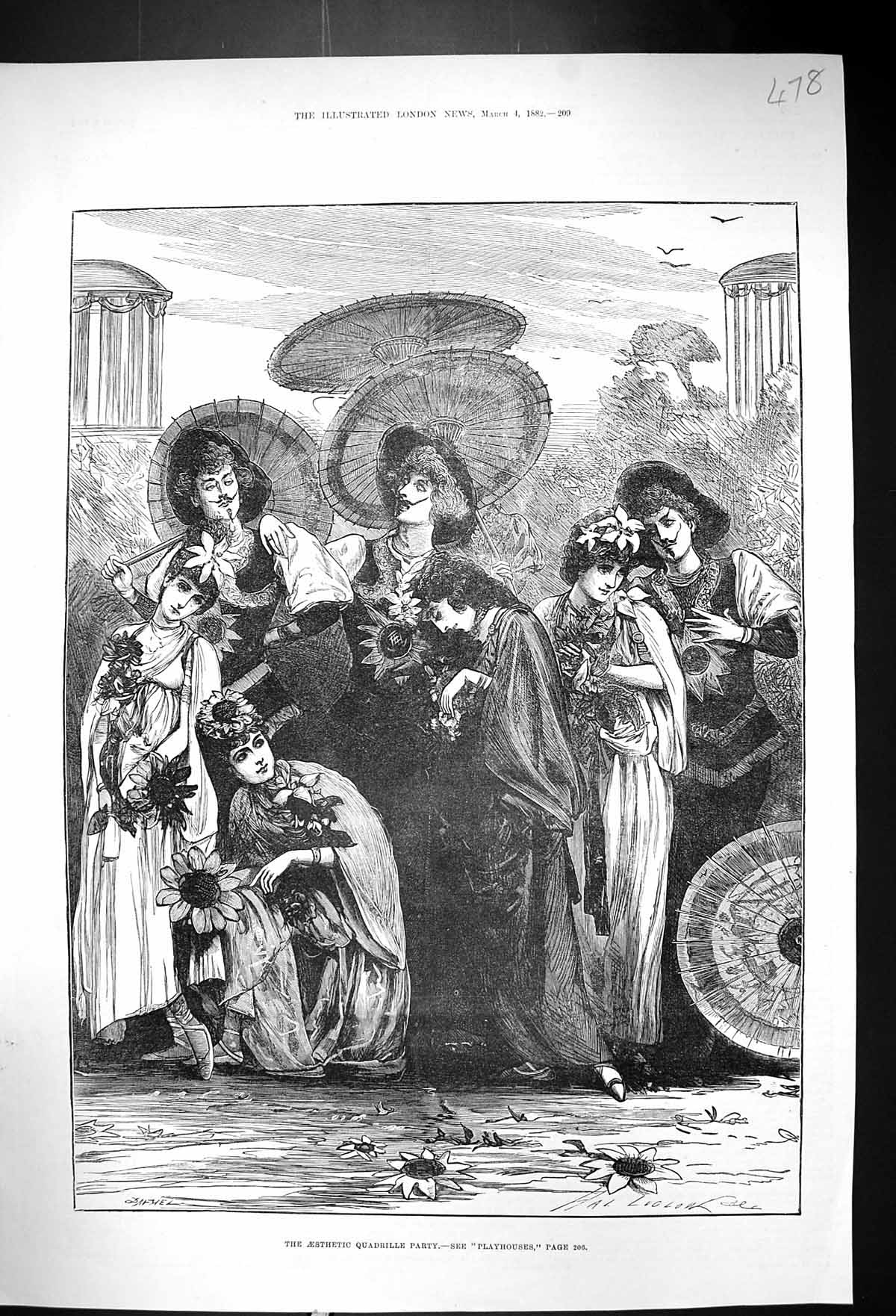 Old Print 1882 Aesthetic Quadrille Party Ladies Flowers Umbrellas Ludlow 19th