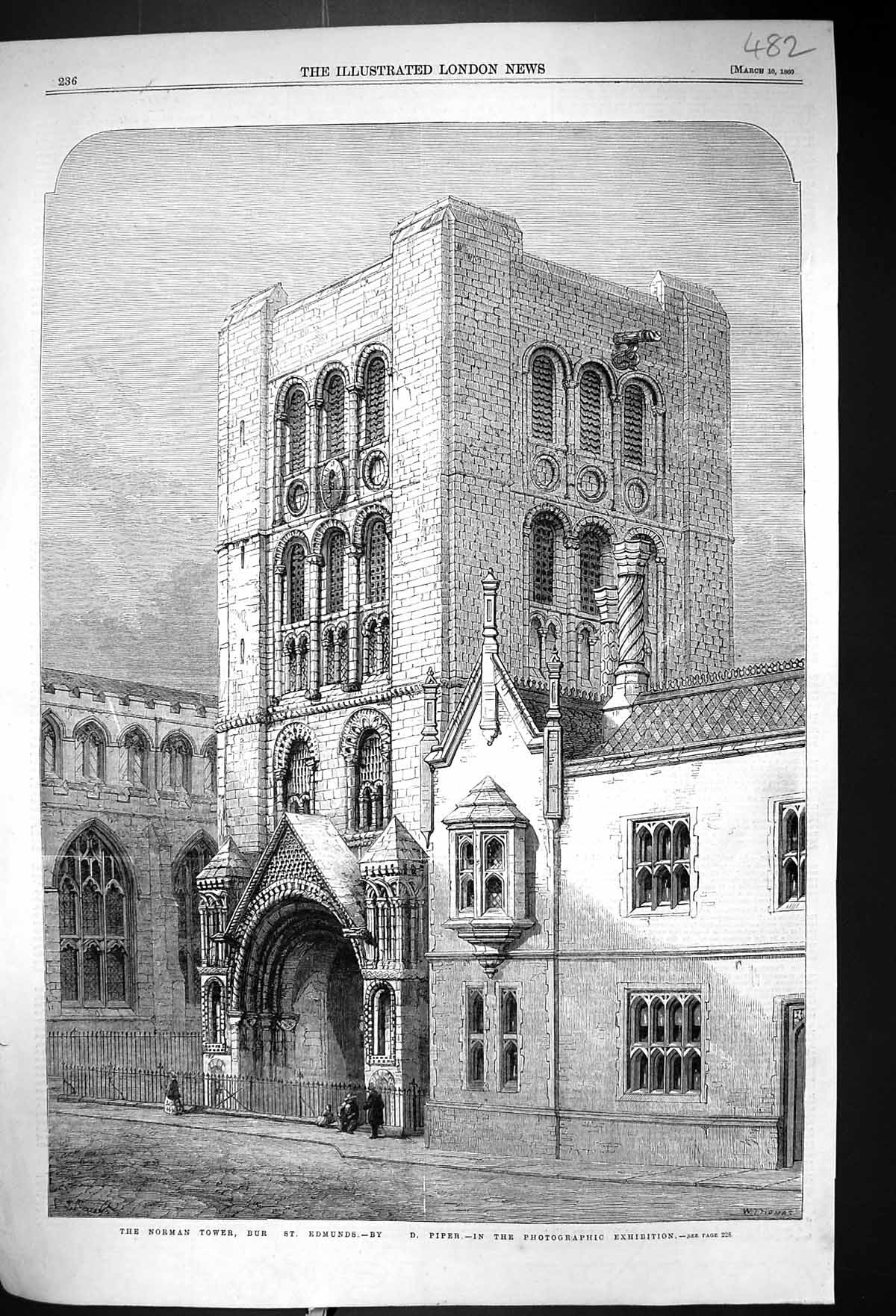 Antique Print 1860 Norman Tower Bury St. Edmunds England Architecture Piper