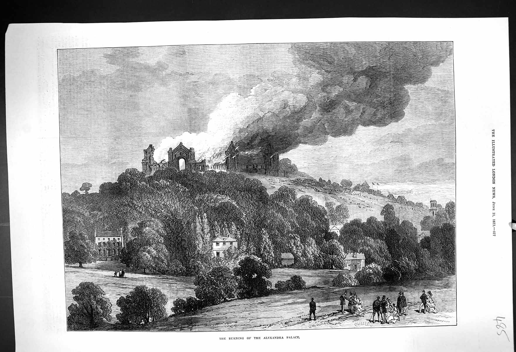 Old Antique Print 1873 Fire Burning Alexandra Palace Hill Trees Fine Art 19th